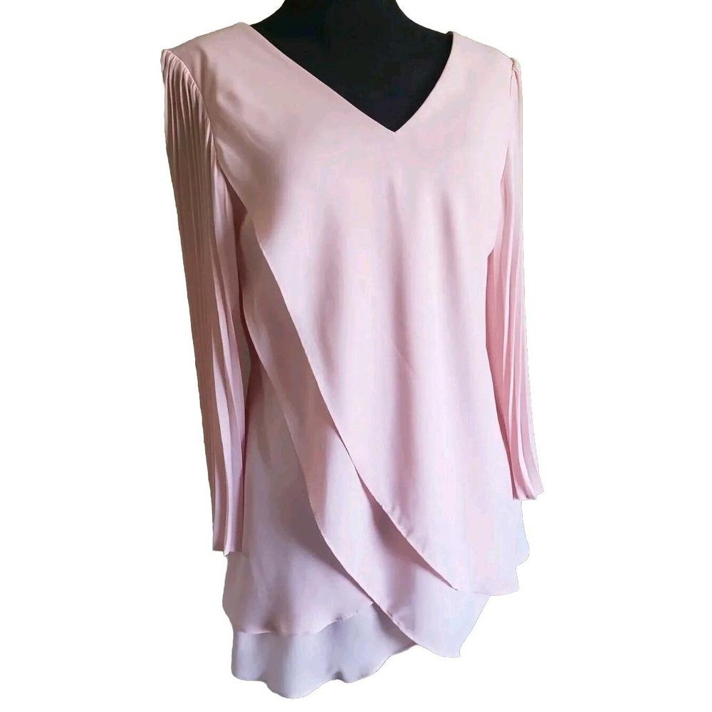Laurie Felt XS V-Neck Reversible Pleated Sleeve Double Layer Blouse-Pink
